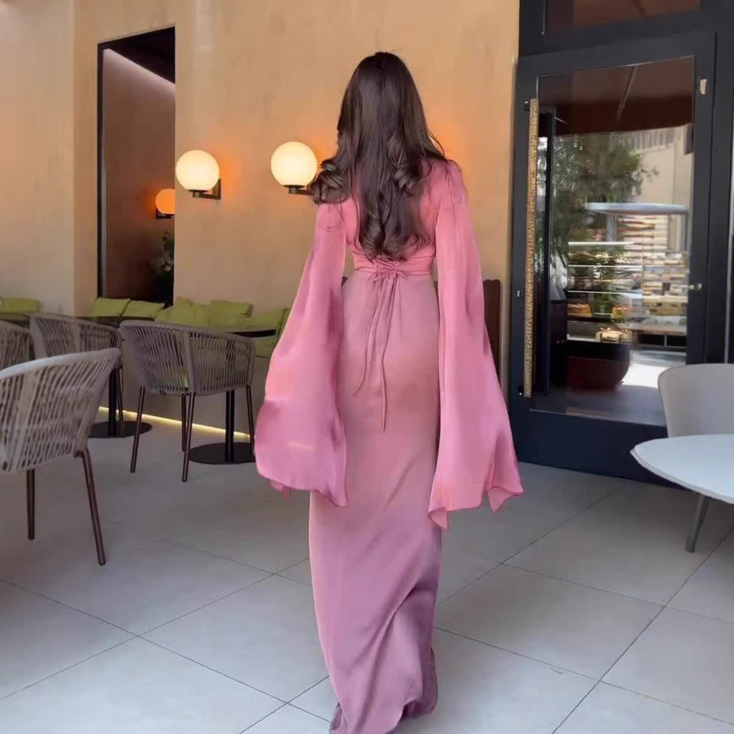 Robe longue à manches longues en polyester pour femme