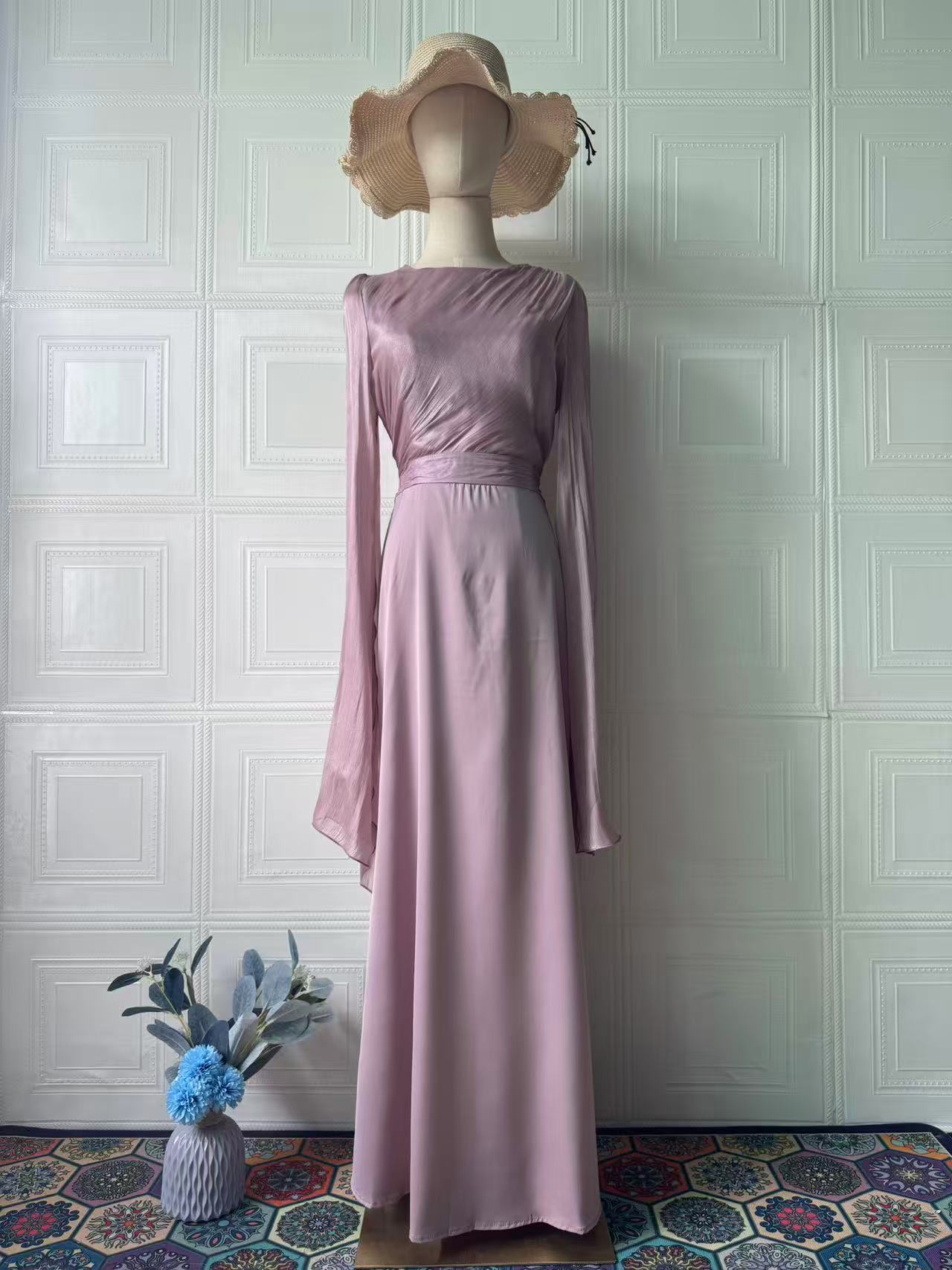 Robe longue à manches longues en polyester pour femme